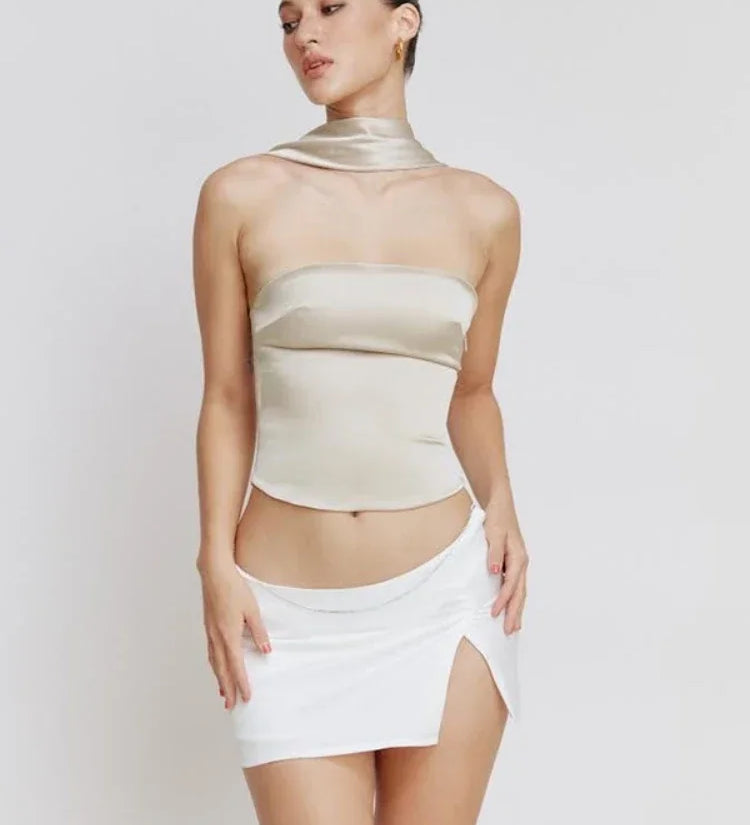 Halter Backless Satin Crop Tops